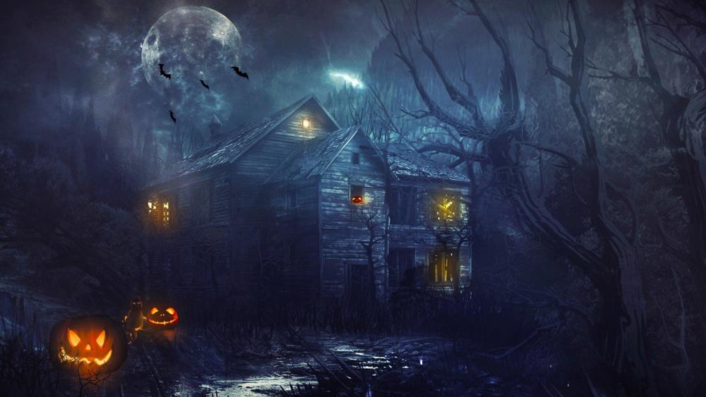 Haunted House under a Halloween Moon wallpaper