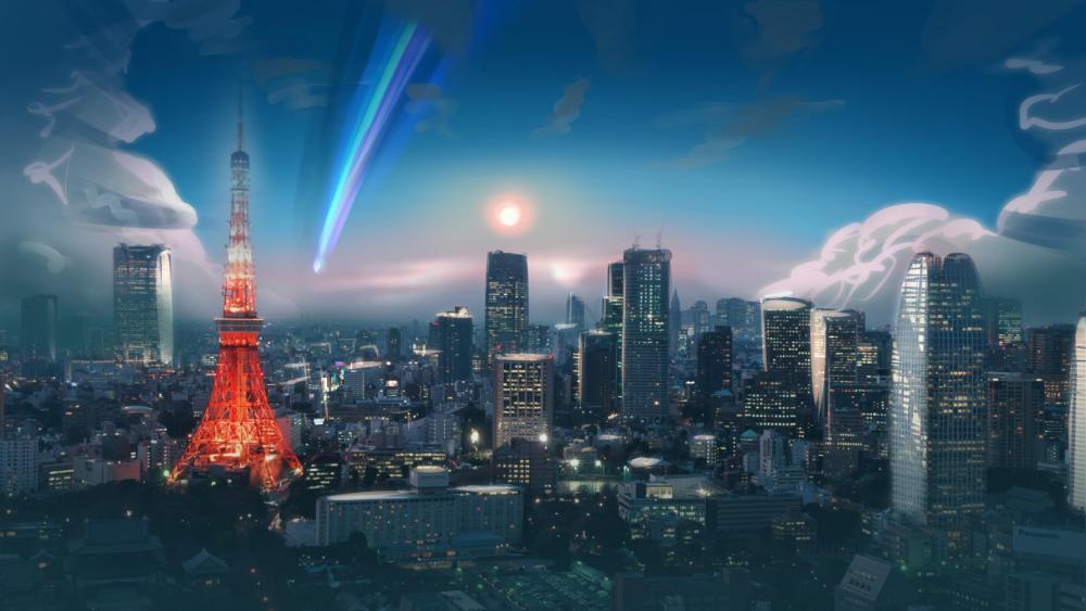 Tokyo Tower Meets Comet in Anime Cityscape wallpaper