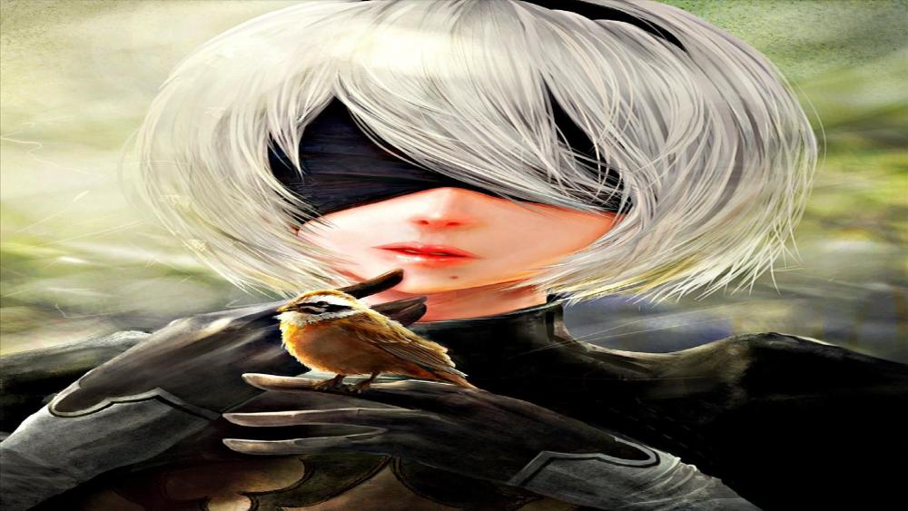 Mystical Encounter Between Bird and Blindfolded Character wallpaper