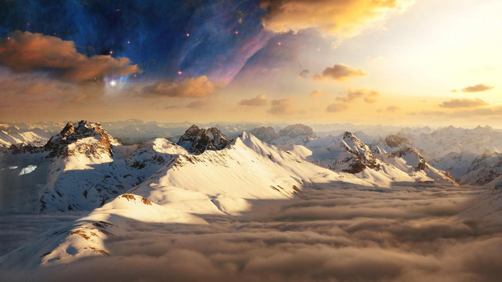 Snowy mountain peaks above the clouds and the moon wallpaper
