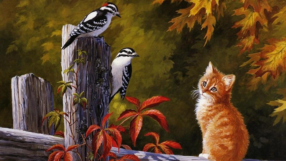 Cute cat with birds painting wallpaper