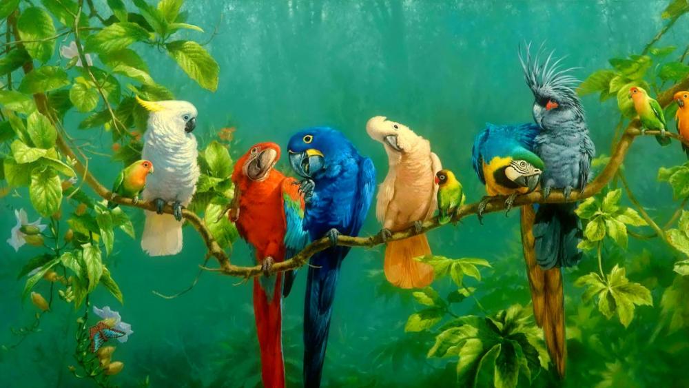 Colorful parrot birds on the tree oil painting wallpaper
