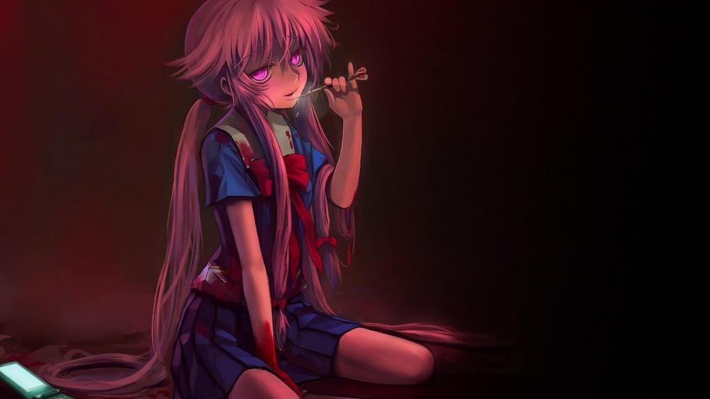 Mysterious Anime Girl in Red Ambiance wallpaper