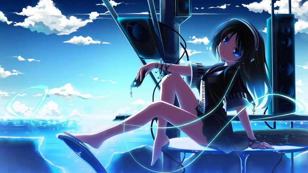 Serene Blue: Anime Girl with Music Vibes wallpaper