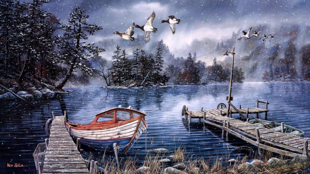 Winter lakeside painting art wallpaper