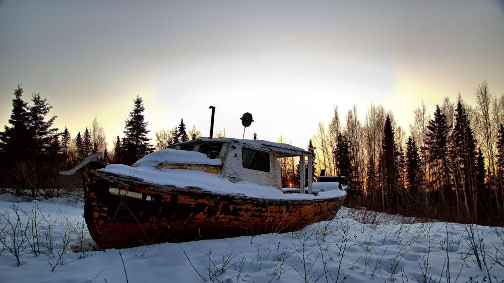 Snowy boat in Alaska wallpaper