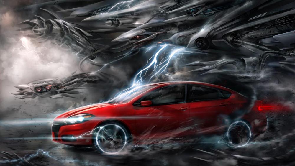 Fantasy red car in a futuristic world wallpaper