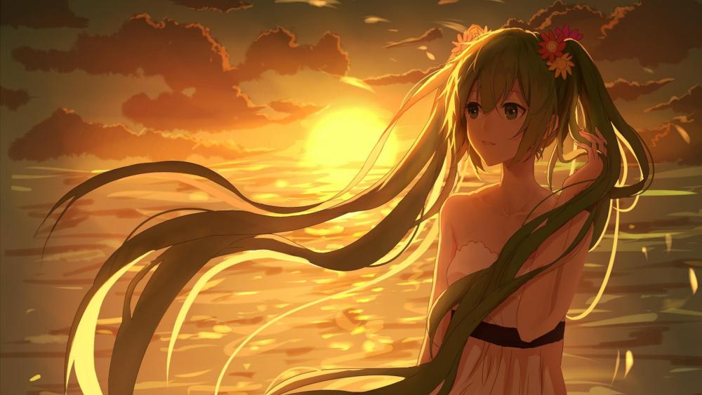 Serene Sunset Embrace With Anime Grace wallpaper