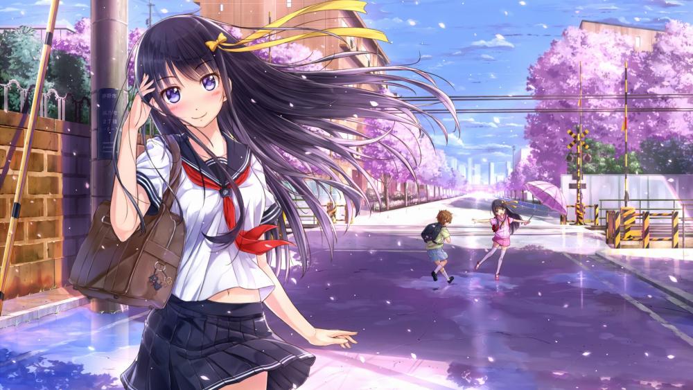 Springtime Anime Schoolgirl Bliss wallpaper