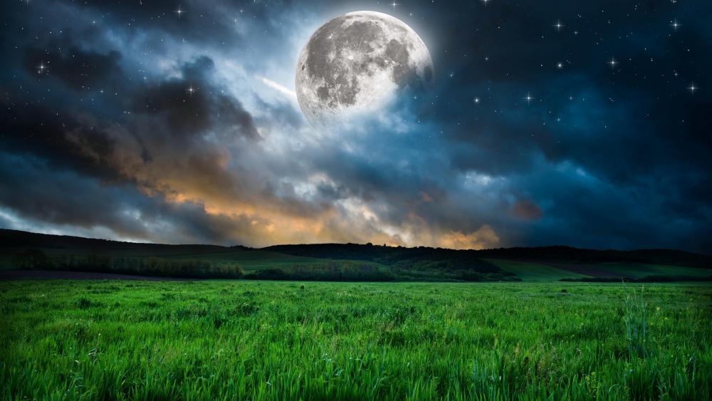 Full moon above the meadow wallpaper