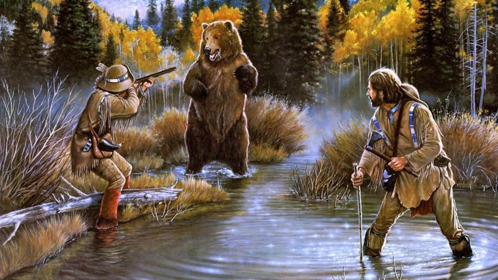 Bear hunting painting wallpaper