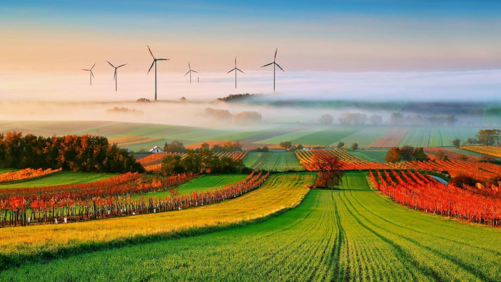 Windmills in the autumn field wallpaper