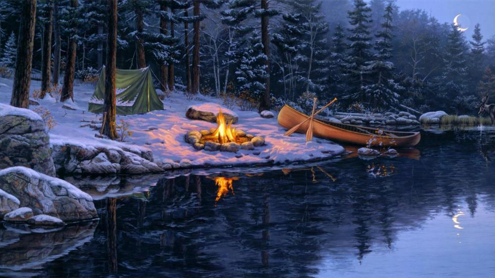 Winter campfire painting art wallpaper