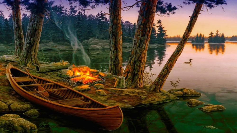 Campfire at the lakeside wallpaper