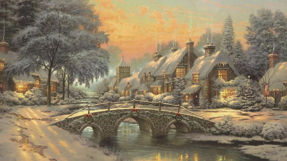 Christmas in the village - Painting art wallpaper