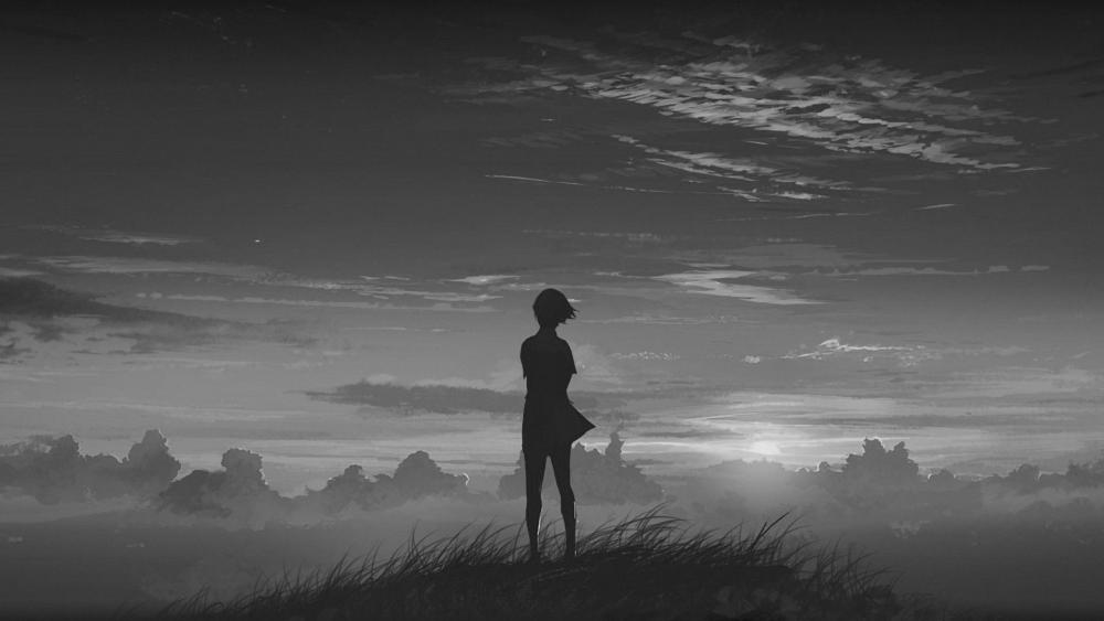 Silhouetted Figure Contemplating Sunset in Monochrome wallpaper