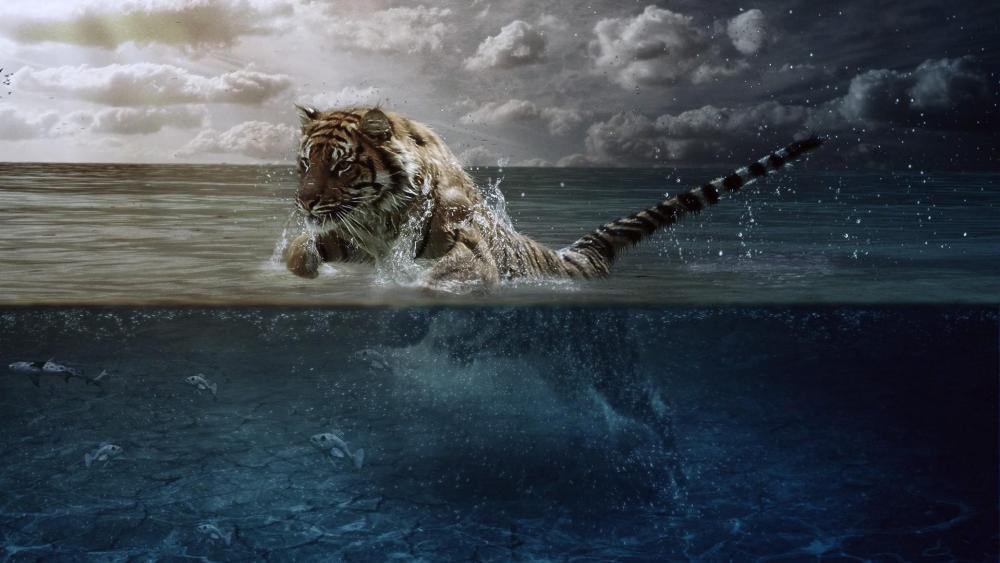 Tiger hunting in the water wallpaper