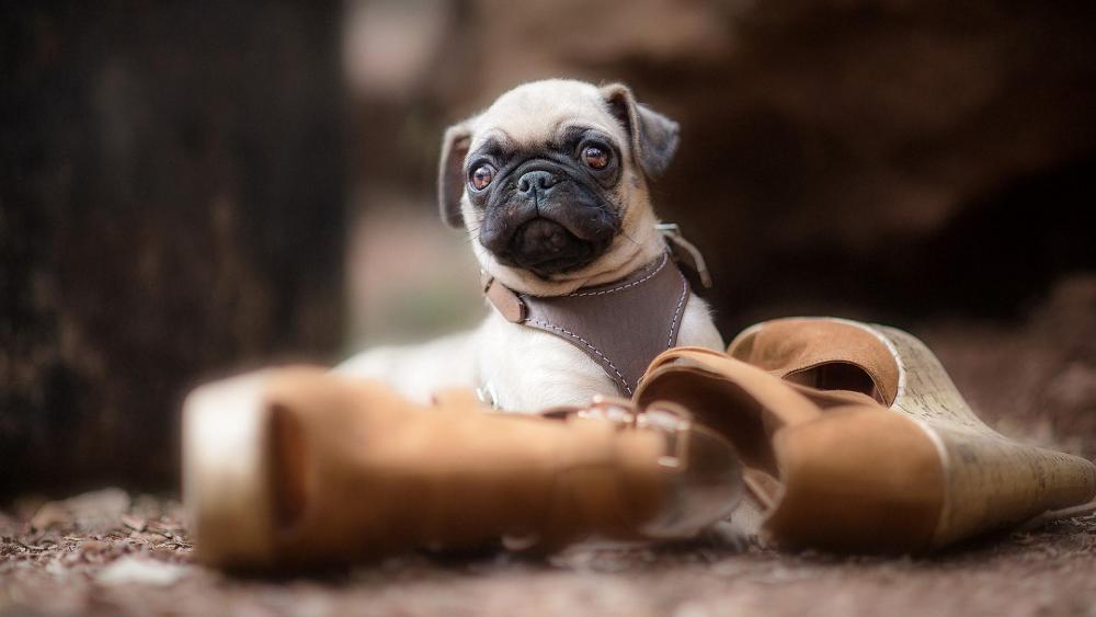 Pug puppy with shoes wallpaper
