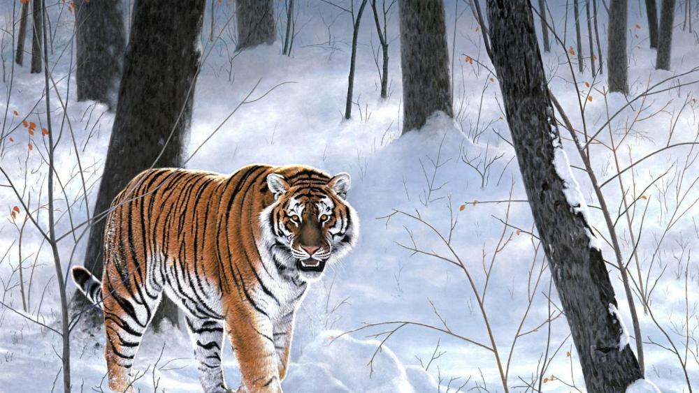 Siberian Tiger in the snowy forest - Painting art wallpaper