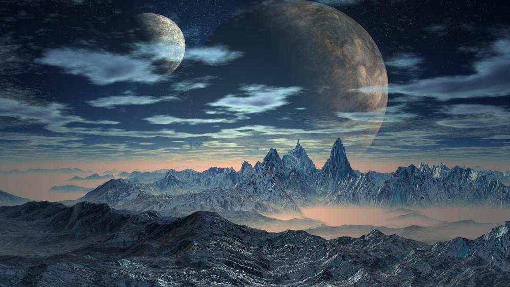 Mountain range with two huge moon - Fantasy art wallpaper