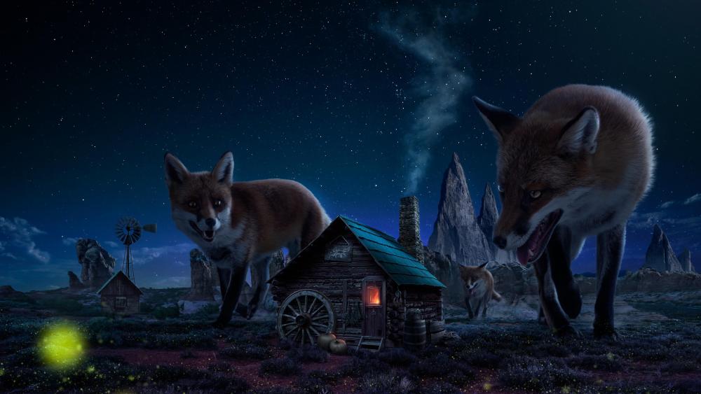 Giant red fox in a little village - Fantasy art wallpaper
