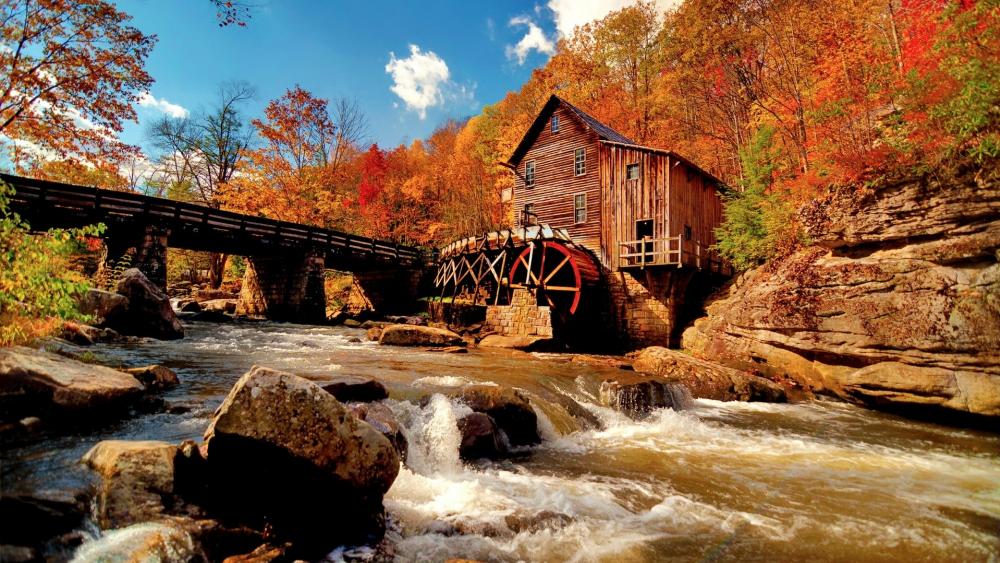 Water mill in the autumn forest wallpaper