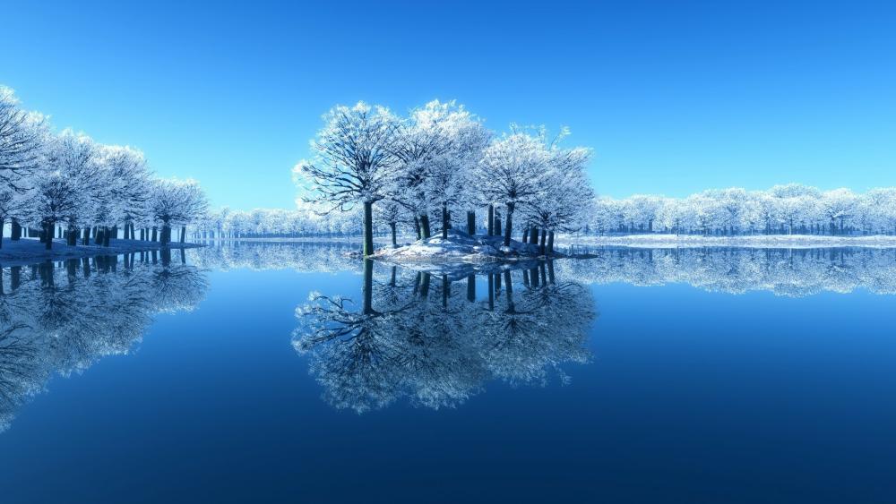 Frozen trees reflected in the calm water wallpaper