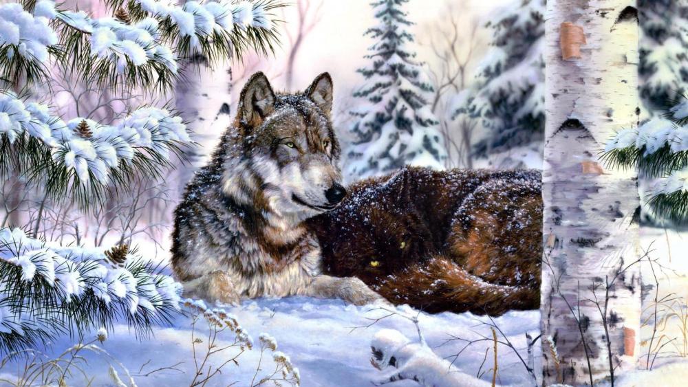 Gray wolf winter painting art wallpaper