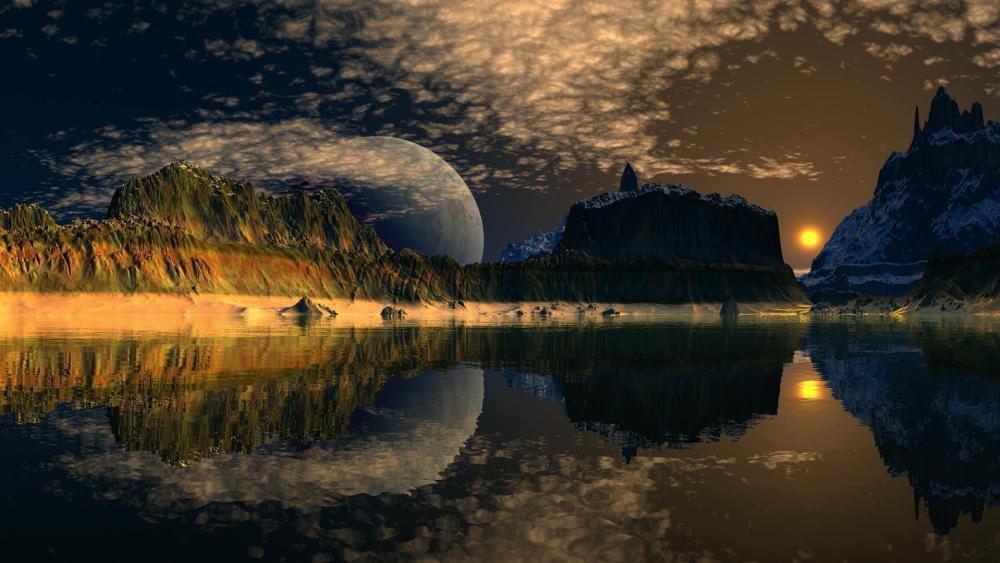 Fantasy landscape with a huge moon in the sunset wallpaper