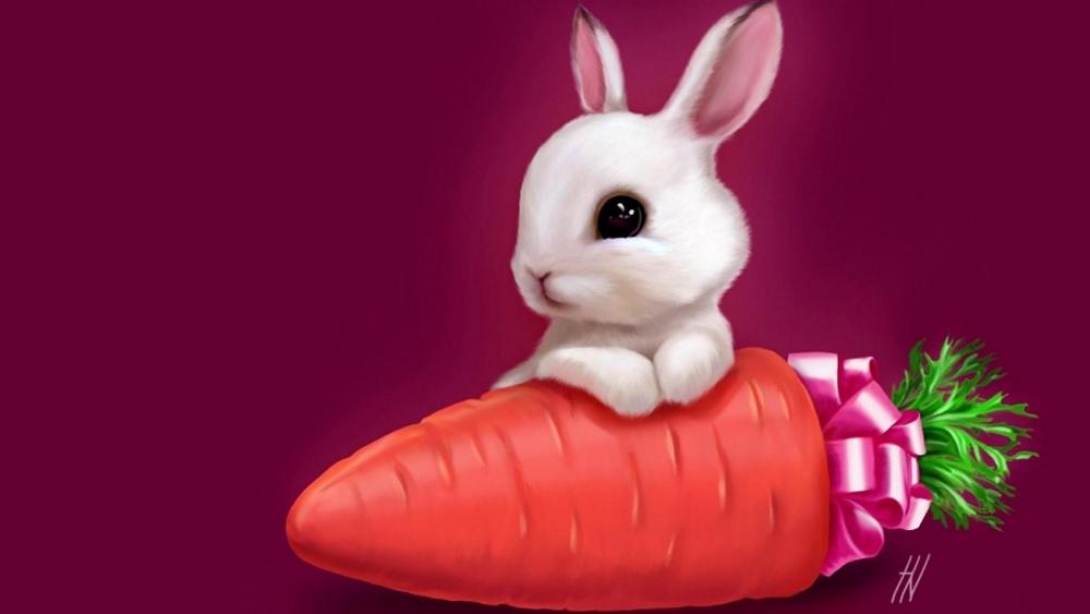 White bunny rabbit with a huge carrot wallpaper