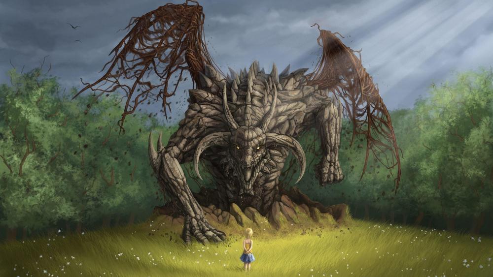 Scary dragon and a little girl - Fantasy art wallpaper