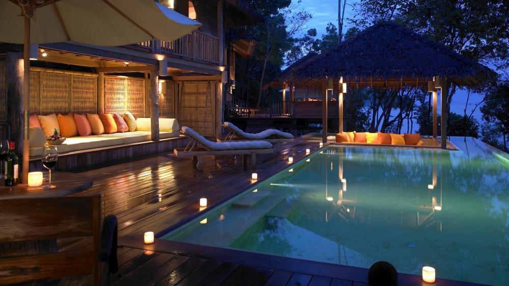 Dreamy terrace with swimming pool in Ko Yao Noi island, Thailand wallpaper