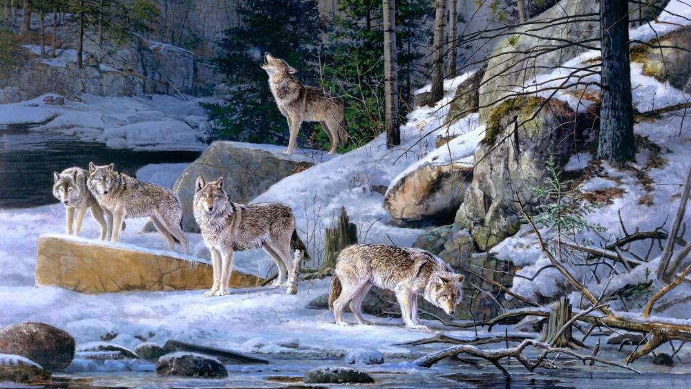 Pack of wolves in the winter forest - Painting art wallpaper