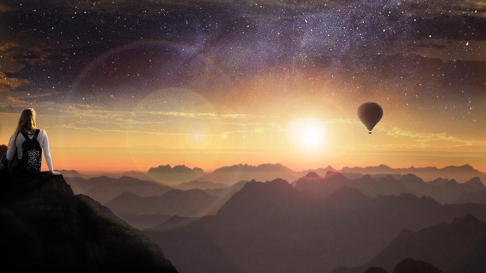 A small air balloon in space sky - Fantasy art wallpaper