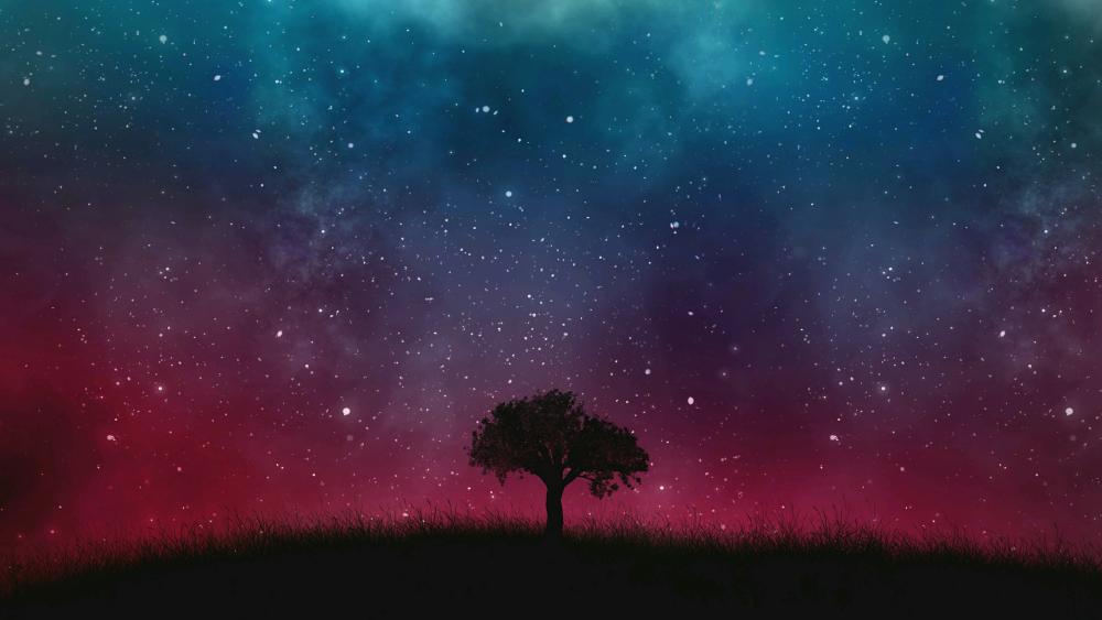 Lone tree under the starry sky - Fantasy art wallpaper