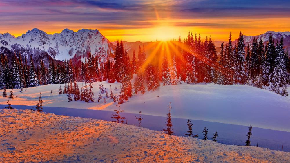 Winter sunset over the mountains wallpaper