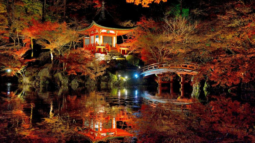 Autumn night over Daigo-ji temple, Kyoto, Japan wallpaper