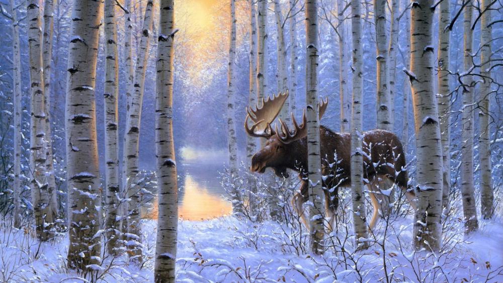 Moose in the snowy birch forest - Painting art wallpaper