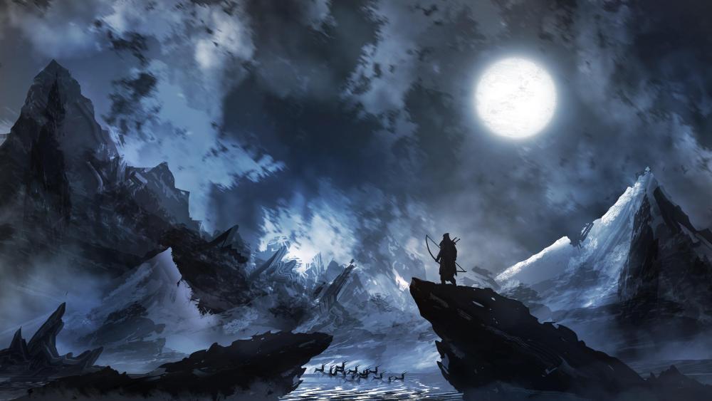 Warrior in the moonlight fantasy art wallpaper