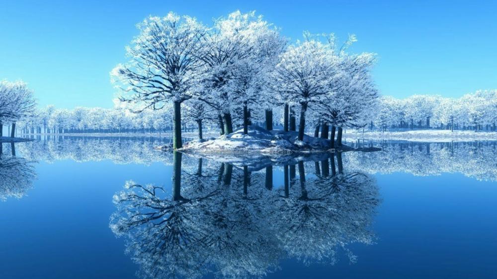 Snowy trees reflected in the lake wallpaper