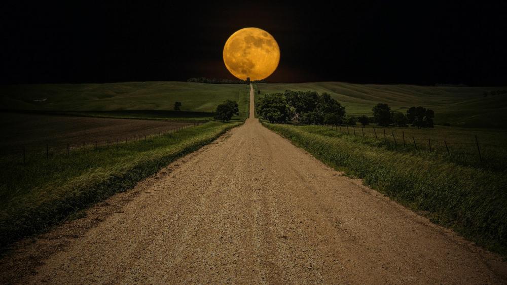 Supermoon over the dirt road wallpaper