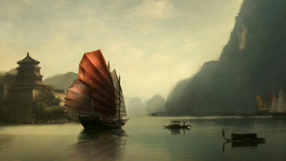 Chinese sail ship - Painting art wallpaper