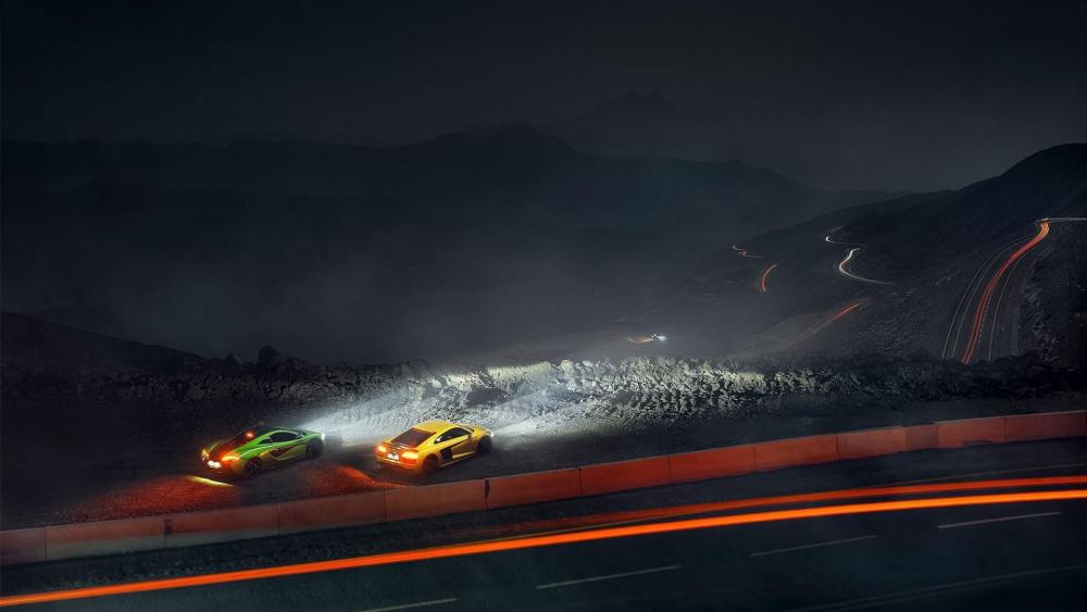 Audi R8 and McLaren P1 at night wallpaper