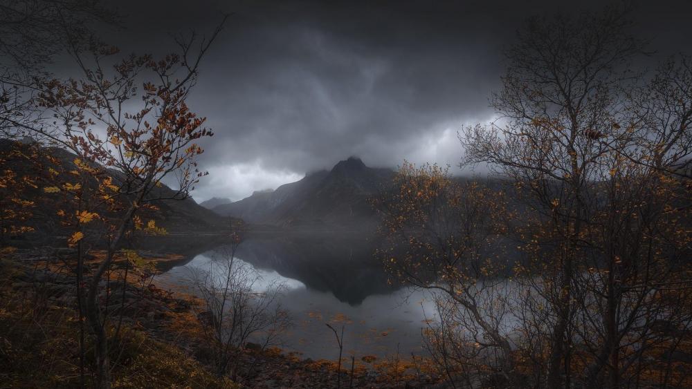 Dark clouds reflected in the lake wallpaper