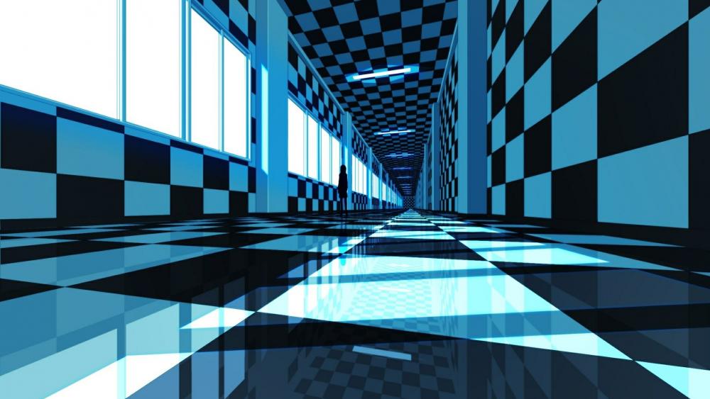 3D blue corridor anime art wallpaper
