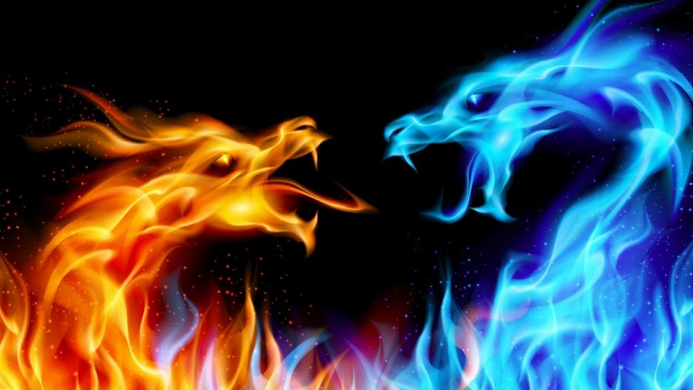 Ice and fire dragons fight wallpaper