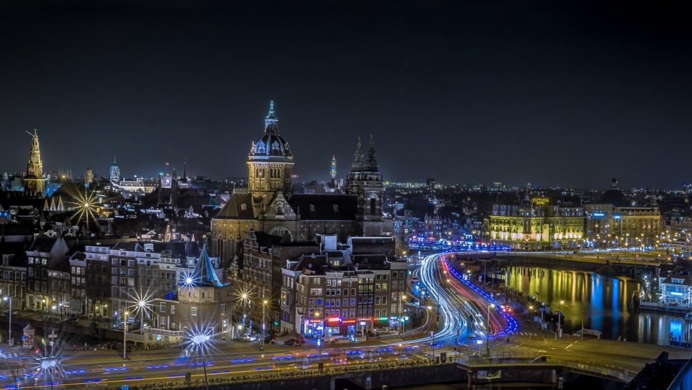 Lights of Amsterdam at night wallpaper