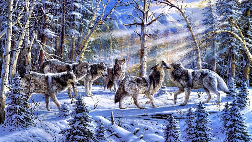 Pack of wolves in the snowy forest - Painting art wallpaper