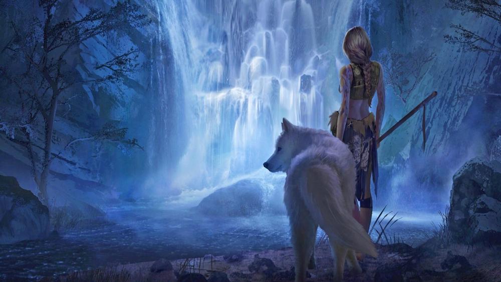 White wolf with a warrior girl at the waterfall - Fantasy Art wallpaper
