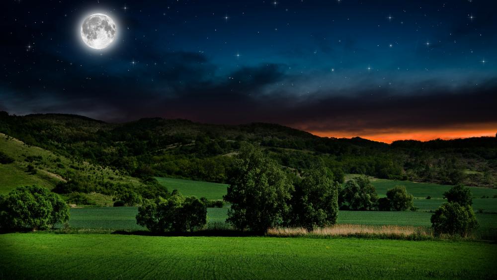 Full moon on the starry sky above the green hills wallpaper